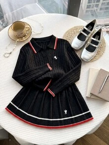 SHEIN 兒童青少年女孩灰色針織套裝，可愛刺繡馬格紋毛衣 + 針織迷你秋季裙 2 件套，女孩長袖 V 領套頭衫 - 黑色 - 查看 6