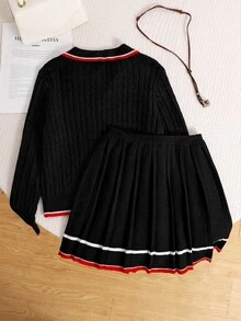 SHEIN 兒童青少年女孩灰色針織套裝，可愛刺繡馬格紋毛衣 + 針織迷你秋季裙 2 件套，女孩長袖 V 領套頭衫 - 黑色 - 查看 4