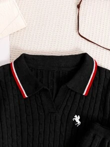 SHEIN 兒童青少年女孩灰色針織套裝，可愛刺繡馬格紋毛衣 + 針織迷你秋季裙 2 件套，女孩長袖 V 領套頭衫 - 黑色 - 查看 5