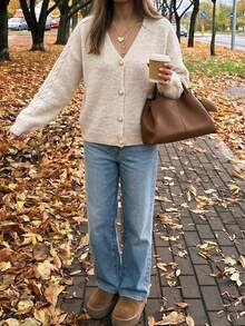 Cévolie Vintage Faux Alpaca Cable Knit Short Cardigan, V-Neck Single-Breasted Loose Cable Knit Sweater, Garment-Washed Soft Texture Drop Shoulder Long Sleeve, Slouchy Daily Commute Versatile Layering Autumn/Winter Outerwear - Apricot - View 1