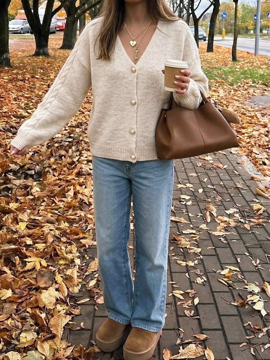Cévolie Vintage Faux Alpaca Cable Knit Short Cardigan, V-Neck Single-Breasted Loose Cable Knit Sweater, Garment-Washed Soft Texture Drop Shoulder Long Sleeve, Slouchy Daily Commute Versatile Layering Autumn/Winter Outerwear - Apricot - View 1
