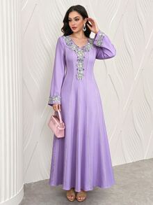 Al Najma Embroidered Lace Patchwork Elegant Modest Long Sleeve Arabic Style Dress - Purple - View 1