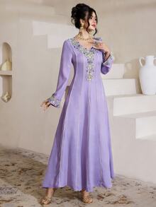 Al Najma Embroidered Lace Patchwork Elegant Modest Long Sleeve Arabic Style Dress - Purple - View 6