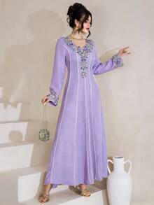 Al Najma Embroidered Lace Patchwork Elegant Modest Long Sleeve Arabic Style Dress - Purple - View 5
