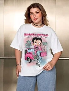 Betty Boop x SHEIN Plus Size Women's Letter Print Crew Neck Short Sleeve Casual T-Shirt - White - View 1