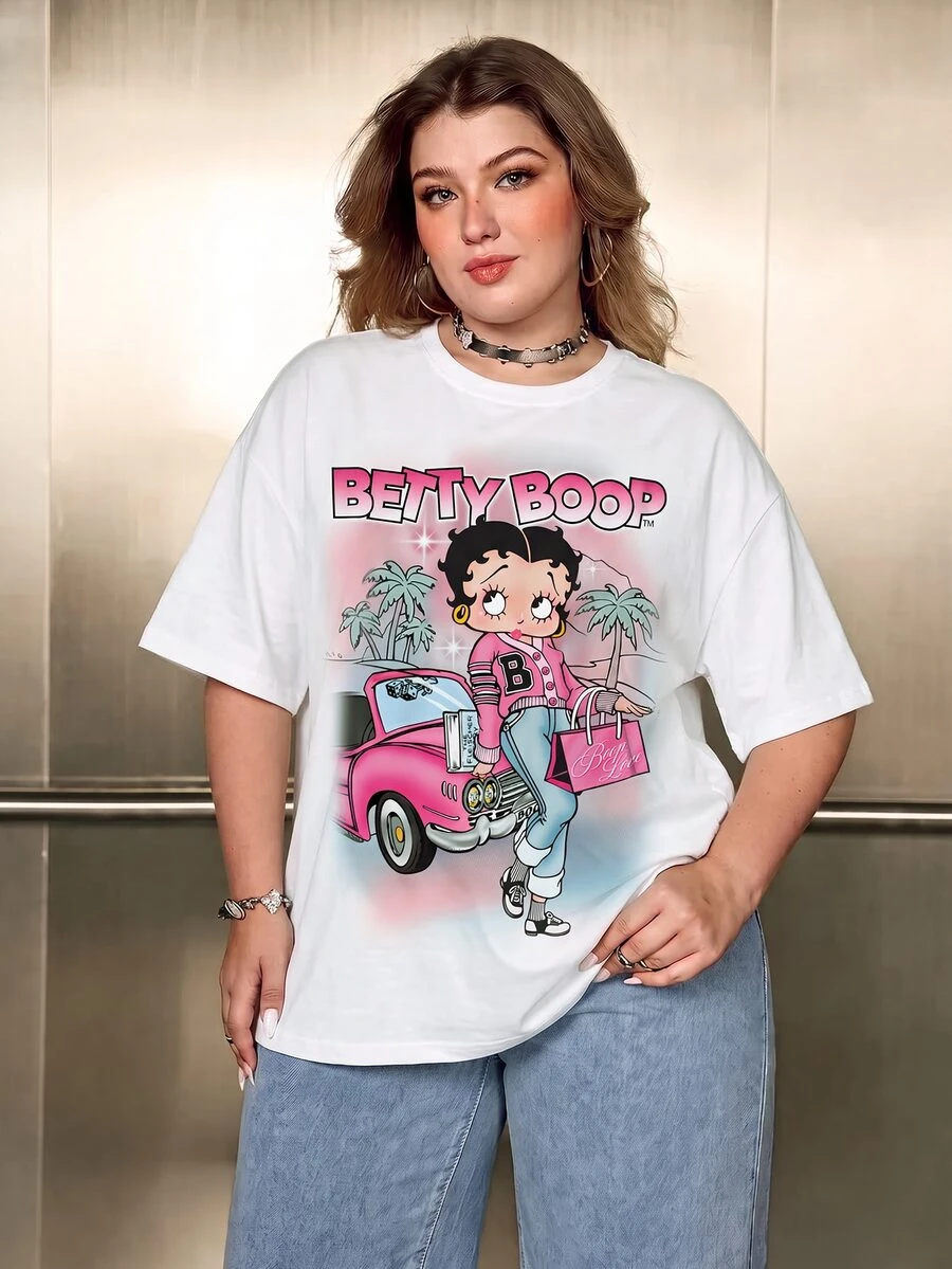 Betty Boop x SHEIN Plus Size Women's Letter Print Crew Neck Short Sleeve Casual T-Shirt - White - View 1
