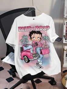 Betty Boop x SHEIN Plus Size Women's Letter Print Crew Neck Short Sleeve Casual T-Shirt - White - View 4