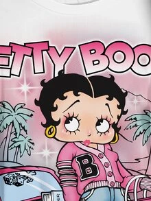 Betty Boop x SHEIN Plus Size Women's Letter Print Crew Neck Short Sleeve Casual T-Shirt - White - View 5