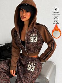 SHEIN Dewbera Women's Vintage Leopard Print Patchwork Hooded Zip-Up Sweatshirt, Brown Number Embroidery Loose Short Casual Jacket - Brown - View 1