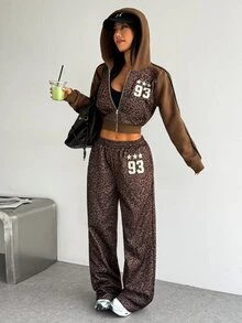 SHEIN Dewbera Women's Vintage Leopard Print Patchwork Hooded Zip-Up Sweatshirt, Brown Number Embroidery Loose Short Casual Jacket - Brown - View 3