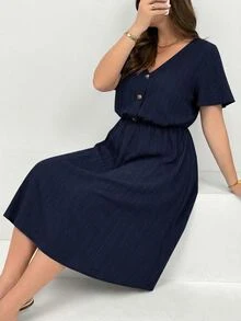 Shapeblank Plus Size Women's Solid Color V-Neck Short Sleeve Button Design Pocket Casual Baggy Elegant Dress Vacation Navy Blue Summer Dinner Beach Office Formal - Navy Blue - View 8
