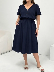 Shapeblank Plus Size Women's Solid Color V-Neck Short Sleeve Button Design Pocket Casual Baggy Elegant Dress Vacation Navy Blue Summer Dinner Beach Office Formal - Navy Blue - View 5