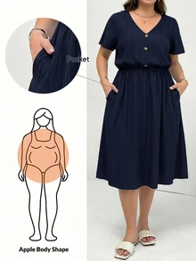 Shapeblank Plus Size Women's Solid Color V-Neck Short Sleeve Button Design Pocket Casual Baggy Elegant Dress Vacation Navy Blue Summer Dinner Beach Office Formal - Navy Blue - View 4