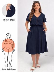 Shapeblank Plus Size Women's Solid Color V-Neck Short Sleeve Button Design Pocket Casual Baggy Elegant Dress Vacation Navy Blue Summer Dinner Beach Office Formal - Navy Blue - View 2