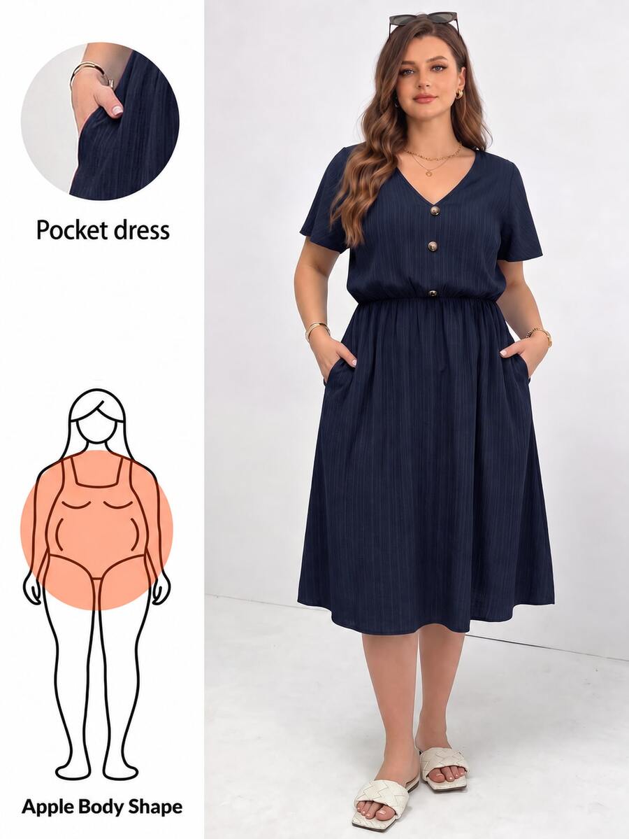 Shapeblank Plus Size Women's Solid Color V-Neck Short Sleeve Button Design Pocket Casual Baggy Elegant Dress Vacation Navy Blue Summer Dinner Beach Office Formal
