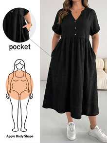 Shapeblank Women's Plus-Size Black Textured Fabric V-Neck Short-Sleeved Midi Dress With Pockets Loose Smart Casual Soft Form Modest Formal Sommar Vacation Outfit - Black - View 3