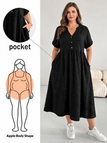 Shapeblank Women's Plus-Size Black Textured Fabric V-Neck Short-Sleeved Midi Dress With Pockets Loose Smart Casual Soft Form Modest Formal Sommar Vacation Outfit - Black - View 1