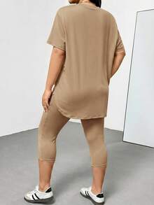 Shapeblank Plus Size Women's Solid Color Crew Neck Short Sleeve Top And Leggings Casual Daily 2-Piece Set Lounge Chocolate Brown Summer - Khaki - View 3