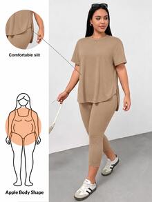 Shapeblank Plus Size Women's Solid Color Crew Neck Short Sleeve Top And Leggings Casual Daily 2-Piece Set Lounge Chocolate Brown Summer - Khaki - View 2