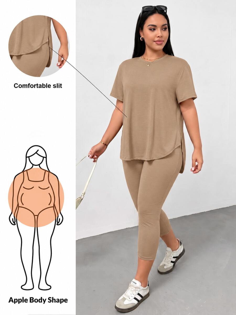 Shapeblank Plus Size Women's Solid Color Crew Neck Short Sleeve Top And Leggings Casual Daily 2-Piece Set Lounge Chocolate Brown Summer