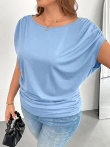 Shapeblank Plus Size Women's Summer Light Blue Short-Sleeved T-Shirt, Smart Casual Everyday Loose Comfortable Work Top, Versatile Church - Baby Blue - View 4
