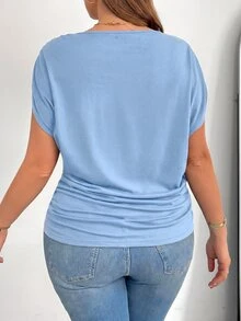 Shapeblank Plus Size Women's Summer Light Blue Short-Sleeved T-Shirt, Smart Casual Everyday Loose Comfortable Work Top, Versatile Church - Baby Blue - View 2