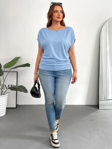 Shapeblank Plus Size Women's Summer Light Blue Short-Sleeved T-Shirt, Smart Casual Everyday Loose Comfortable Work Top, Versatile Church - Baby Blue - View 5