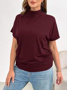 Shapeblank Plus Size Women's Solid Color Stand Collar Casual Traditional Elegant Versatile Daily Wear T-Shirt Formal Home Wear Evening Burgundy Summer - Rose Red - View 5