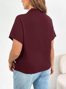 Shapeblank Plus Size Women's Solid Color Stand Collar Casual Traditional Elegant Versatile Daily Wear T-Shirt Formal Home Wear Evening Burgundy Summer - Rose Red - View 3