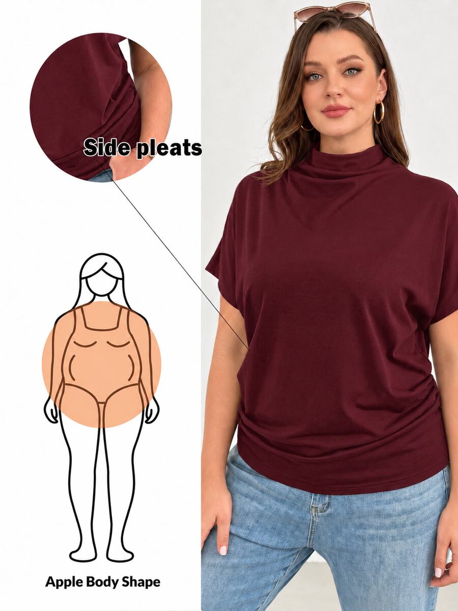 Shapeblank Plus Size Women's Solid Color Stand Collar Casual Traditional Elegant Versatile Daily Wear T-Shirt Formal Home Wear Evening Burgundy Summer