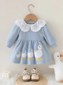 SHEIN 2pcs Baby Girls Tutu Dress Sweet Light Blue Ribbed Duck Lace Bow Long Sleeve Peter Pan Collar Regular Birthday Party Fall Holiday Birthday Girl A-Line - Blue - View 2