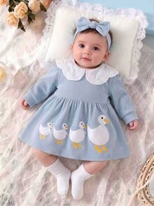 SHEIN 2pcs Baby Girls Tutu Dress Sweet Light Blue Ribbed Duck Lace Bow Long Sleeve Peter Pan Collar Regular Birthday Party Fall Holiday Birthday Girl A-Line - Blue - View 1