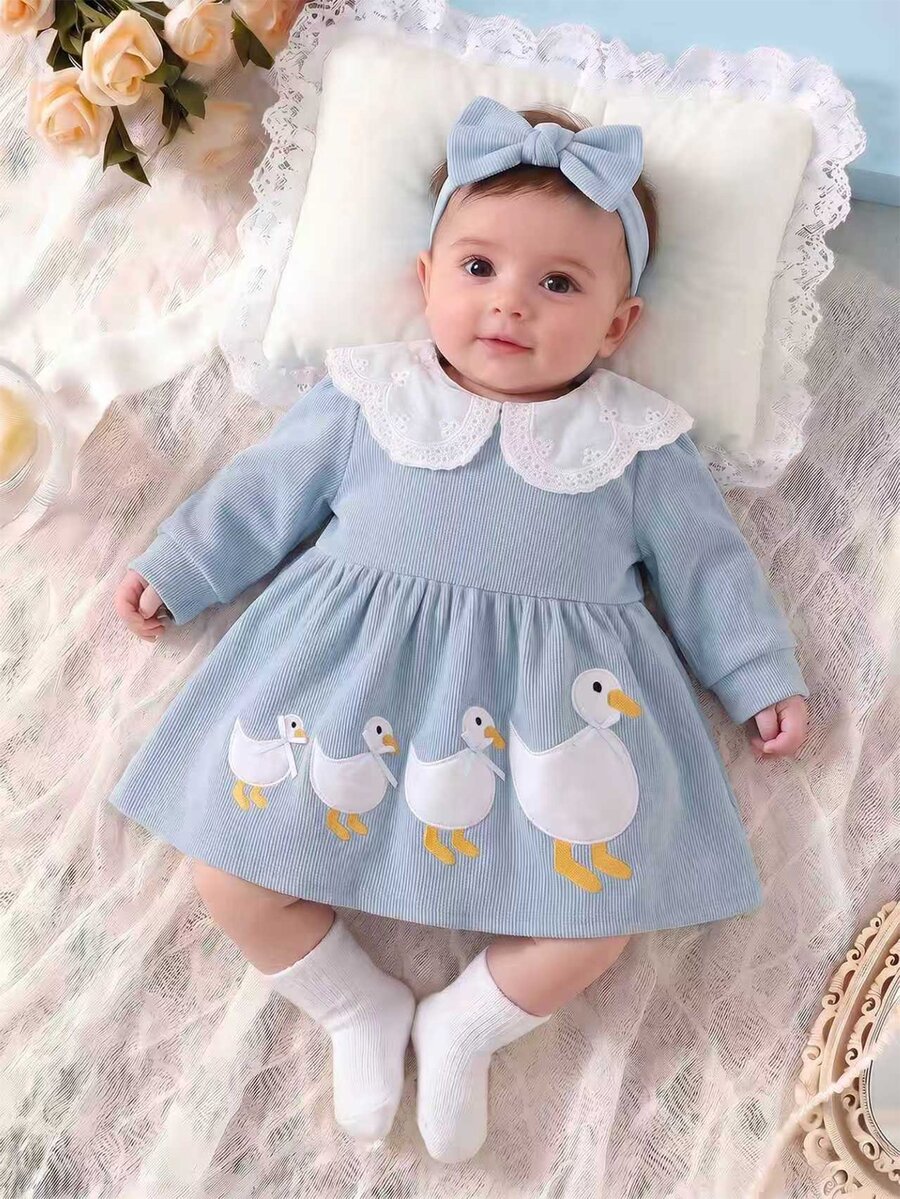 SHEIN 2pcs Baby Girls Tutu Dress Sweet Light Blue Ribbed Duck Lace Bow Long Sleeve Peter Pan Collar Regular Birthday Party Fall Holiday Birthday Girl A-Line - Blue - View 1