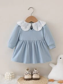 SHEIN 2pcs Baby Girls Tutu Dress Sweet Light Blue Ribbed Duck Lace Bow Long Sleeve Peter Pan Collar Regular Birthday Party Fall Holiday Birthday Girl A-Line - Blue - View 3