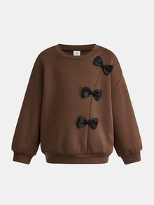 SHEIN 女童咖啡色寬鬆蝴蝶結衛衣 + 黑色針織內搭褲休閒百搭加厚套裝，秋冬新款童裝 - 咖啡棕 - 查看 6