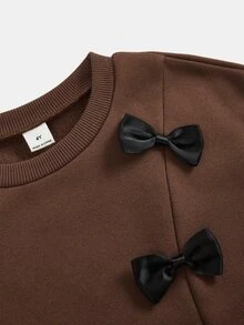 SHEIN 女童咖啡色寬鬆蝴蝶結衛衣 + 黑色針織內搭褲休閒百搭加厚套裝，秋冬新款童裝 - 咖啡棕 - 查看 3