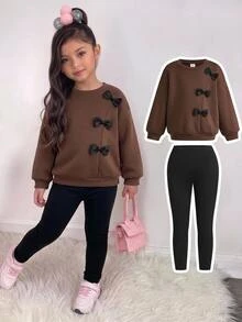 SHEIN 女童咖啡色寬鬆蝴蝶結衛衣 + 黑色針織內搭褲休閒百搭加厚套裝，秋冬新款童裝 - 咖啡棕 - 查看 10