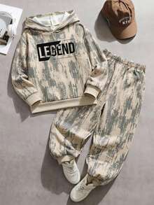 SHEIN Boys 2pcs Outfits, "LEGEND" Block Letter Graphic Print All-Over Paint Splatter Khaki Hooded Sweatshirt & Jogger Pants Tracksuit Set,Fall Sets - Khaki - View 2