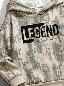 SHEIN Boys 2pcs Outfits, "LEGEND" Block Letter Graphic Print All-Over Paint Splatter Khaki Hooded Sweatshirt & Jogger Pants Tracksuit Set,Fall Sets - Khaki - View 4