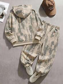 SHEIN Boys 2pcs Outfits, "LEGEND" Block Letter Graphic Print All-Over Paint Splatter Khaki Hooded Sweatshirt & Jogger Pants Tracksuit Set,Fall Sets - Khaki - View 3