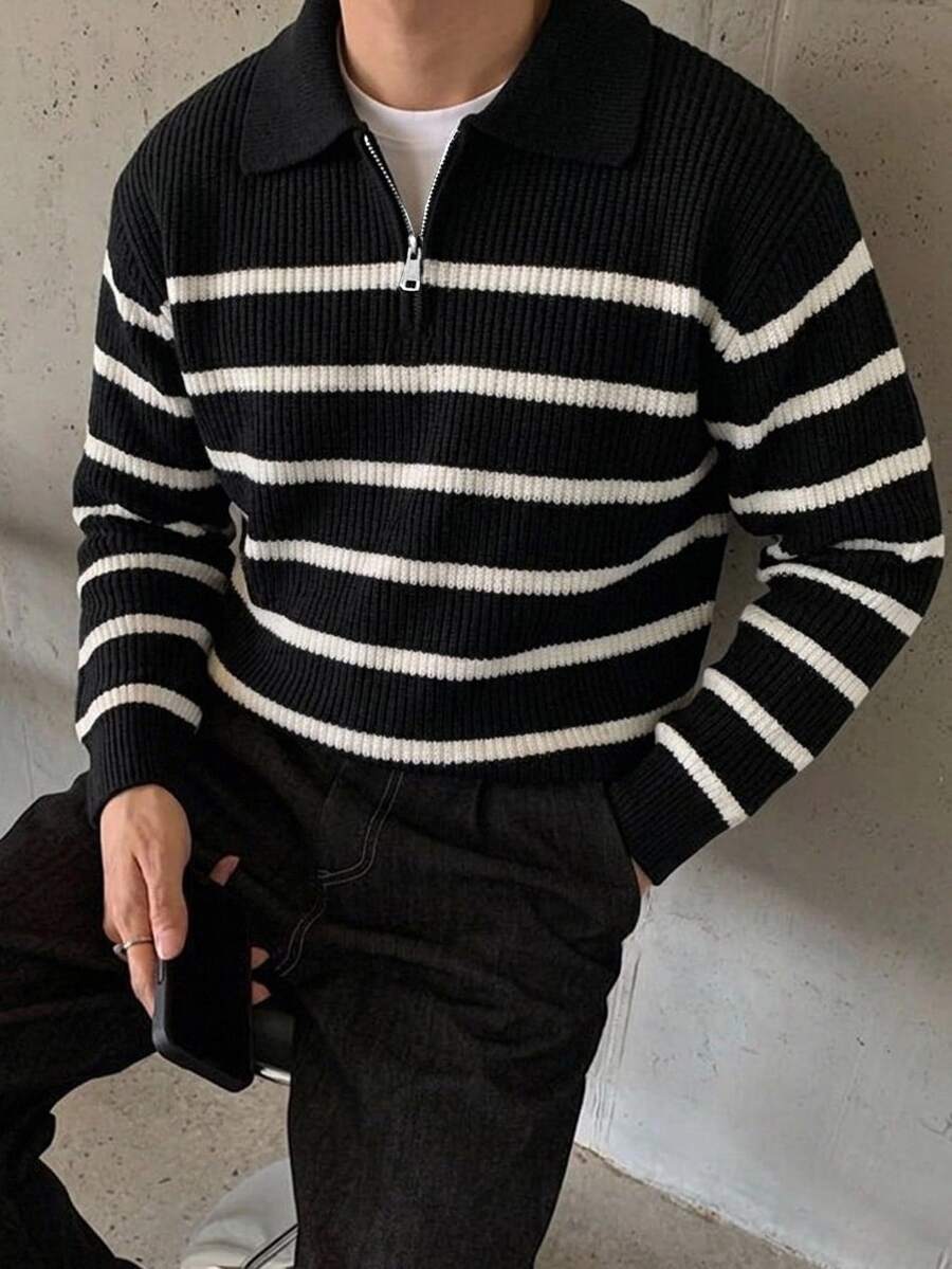 Claim Dot 男士黑白條紋套頭毛衣,漏斗領半拉鍊長袖針織上衣,秋季休閒正式校園返校風 - 黑色 - 查看 1