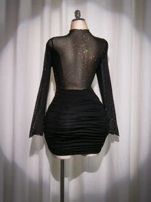 SHEIN ICON 大码女式性感夜店装黑色迷你连衣裙 - 黑色 - 查看 11