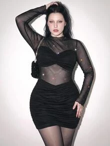 SHEIN ICON 大码女式性感夜店装黑色迷你连衣裙 - 黑色 - 查看 2