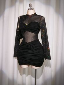 SHEIN ICON 大码女式性感夜店装黑色迷你连衣裙 - 黑色 - 查看 3