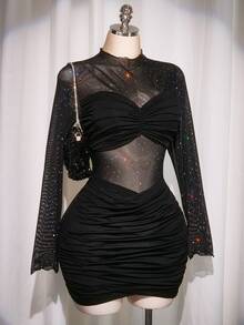 SHEIN ICON 大码女式性感夜店装黑色迷你连衣裙 - 黑色 - 查看 5