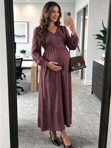 SHEIN فستان أنيق بأكمام طويلة وتصميم أزرار بلون موحد للحوامل لفصل الخريف - الأرجواني - مشاهدة 2