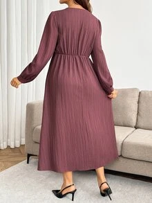 SHEIN فستان أنيق بأكمام طويلة وتصميم أزرار بلون موحد للحوامل لفصل الخريف - الأرجواني - مشاهدة 6