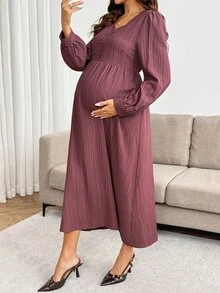 SHEIN فستان أنيق بأكمام طويلة وتصميم أزرار بلون موحد للحوامل لفصل الخريف - الأرجواني - مشاهدة 4