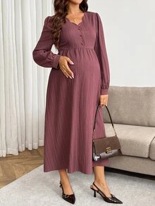 SHEIN فستان أنيق بأكمام طويلة وتصميم أزرار بلون موحد للحوامل لفصل الخريف - الأرجواني - مشاهدة 8