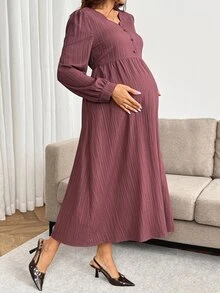 SHEIN فستان أنيق بأكمام طويلة وتصميم أزرار بلون موحد للحوامل لفصل الخريف - الأرجواني - مشاهدة 7